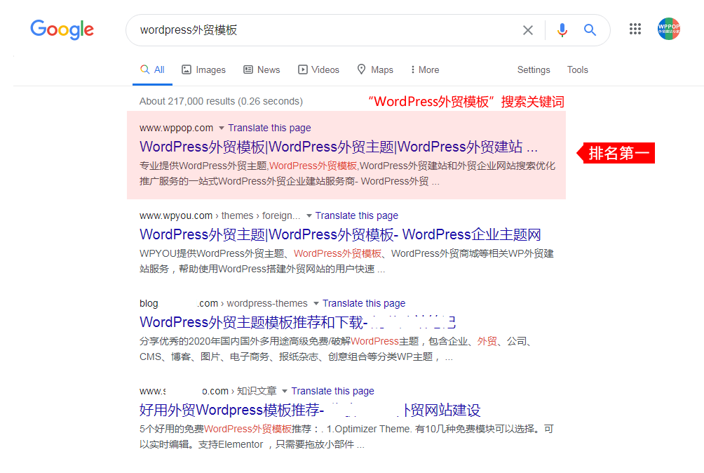 ”WordPress外贸模板”关键词Google排名第一