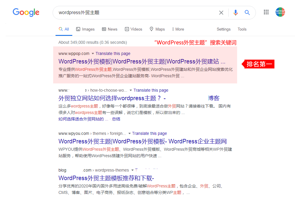 ”WordPress外贸主题”关键词Google排名第一